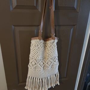 Boho Macramé Fringe Shoulder Bag - Cream with Brown Straps
